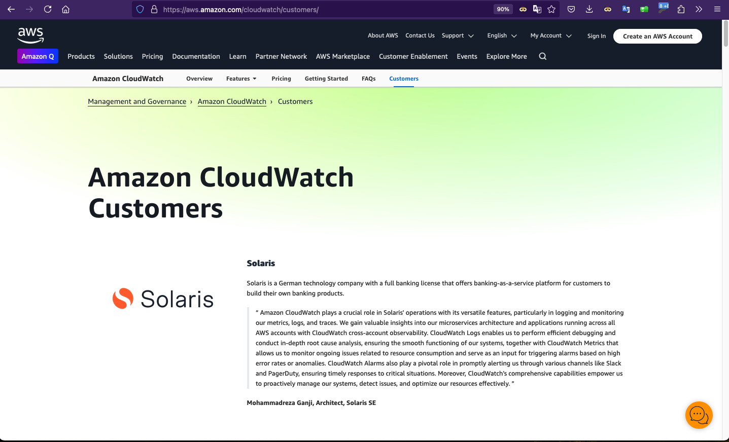 My CloudWatch testimonial on AWS website